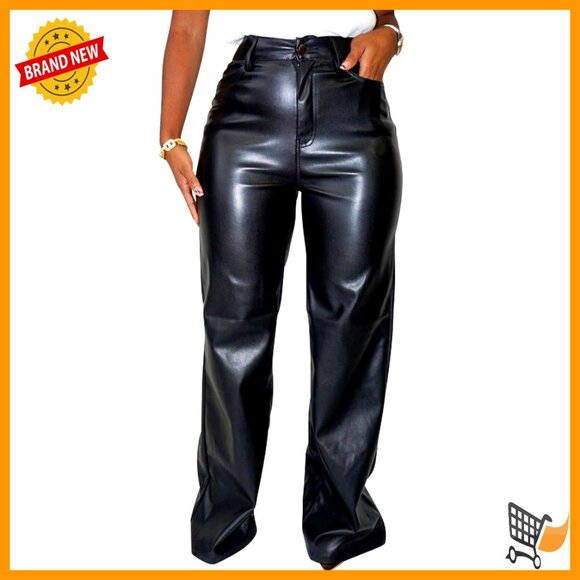 High Waisted Straight Leg Faux Leather Pants Women's Long Wide Leg